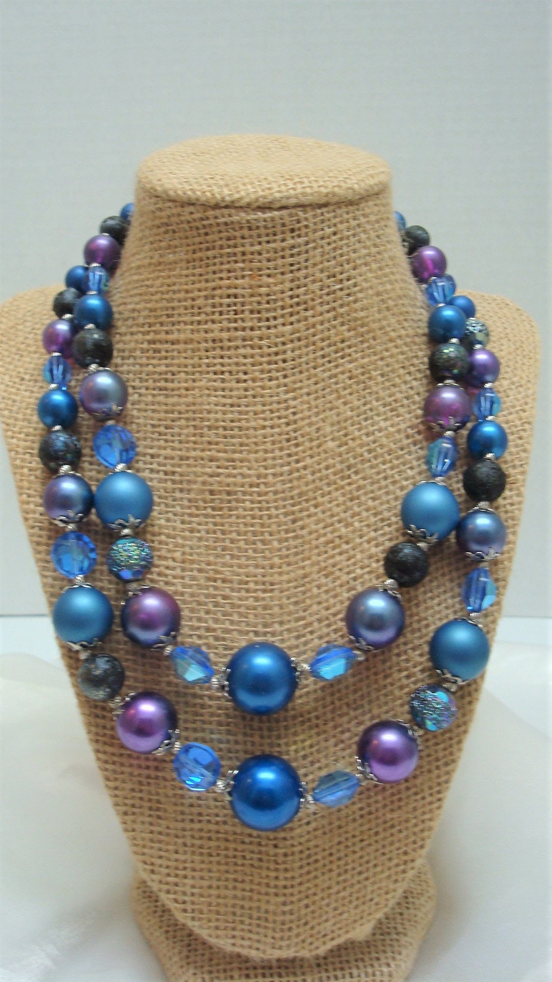 Collier double rang Vendôme en satin bleu et violet, perles de cristal ...