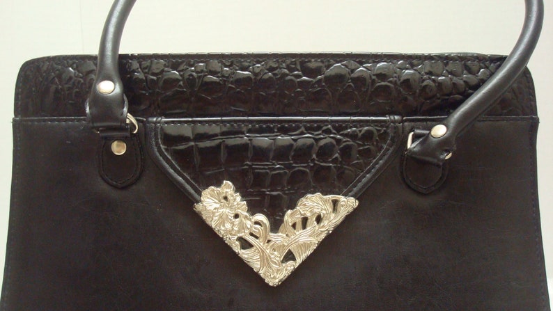 Black Faux Leather Faux Alligator Top Handle Handbag Black Faux Leather Purse Kelly Style Handbag image 2
