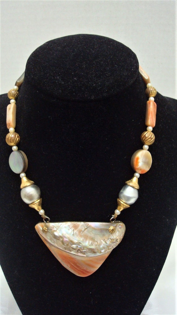 Cadoro Abalone Shell Pendant Necklace, Faux Pearl & Goldtone  Vintage Cadoro Mother of Pearl Shell Statement Necklace Pearl Bib Iridescent main image 0