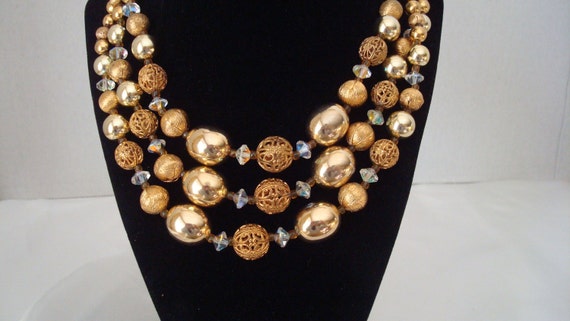 Lisner Three Strand Shiny Gold Bead Filigree Gold… - image 2