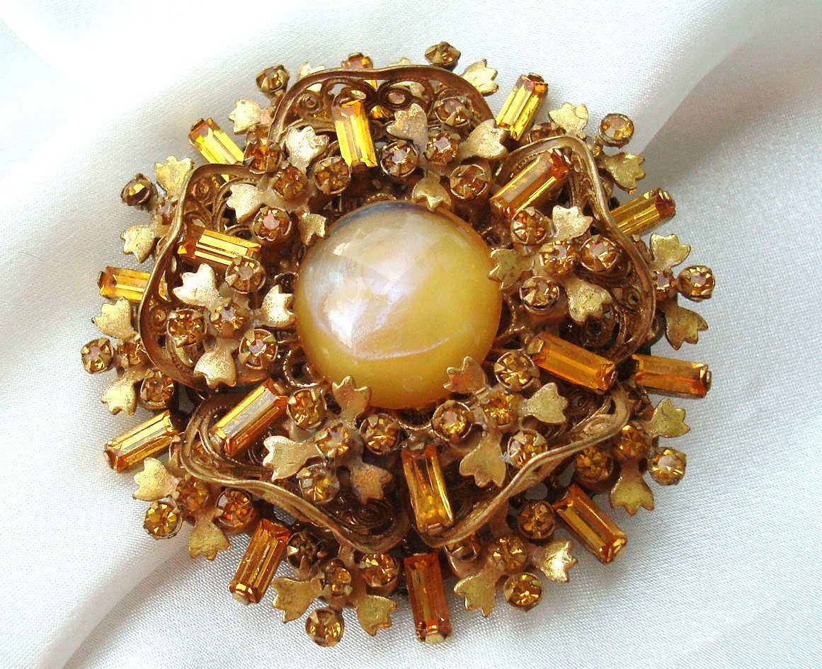 Amourelle Gold Baguette Round Rhinestones Glass Cabochon Statement Brooch Frank Hess 1960s Rhinestone Pin