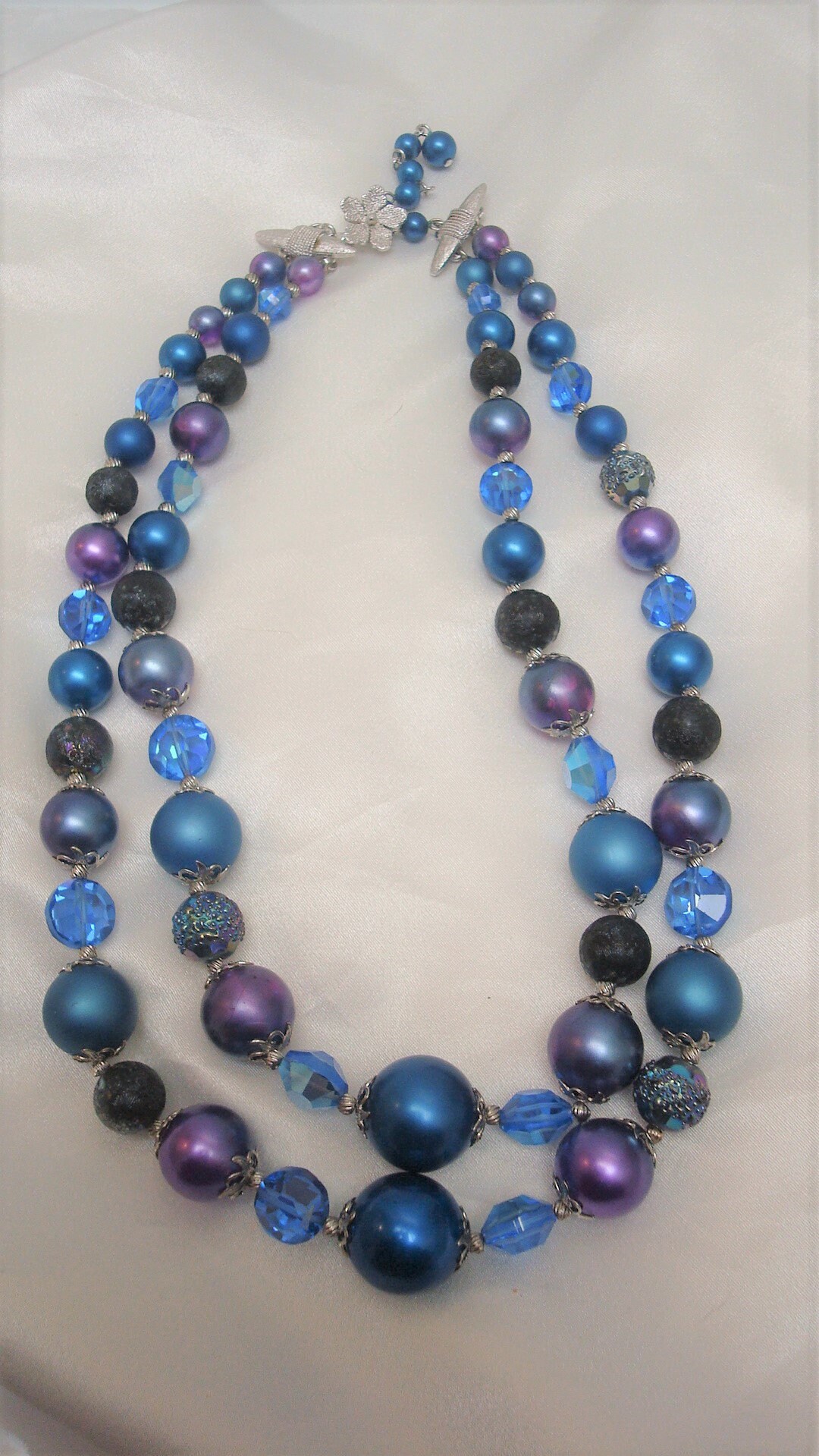 Collier double rang Vendôme en satin bleu et violet, perles de cristal ...