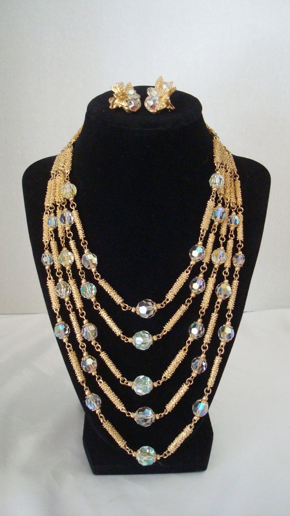 Vendome  AB Crystals Textured Gold Five Strand Nec