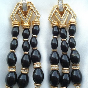 Grosse Germany Couture Runway Art Deco Black Glass Bead Rhinestone Dangle Earrings