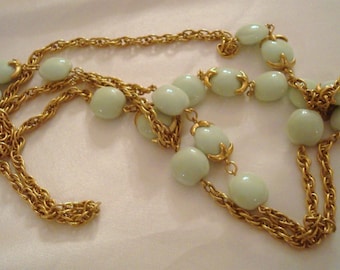 Trifari Mint Green Lucite Waterfall Bead Gold Chain Necklace Flapper Necklace