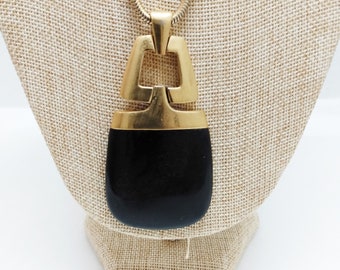 Crown Trifari Black Lucite Pendant Necklace with Snake Chain