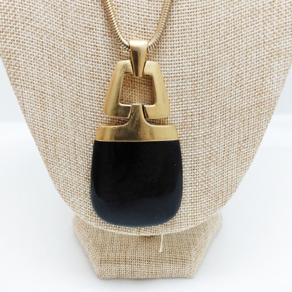 Crown Trifari Black Lucite Pendant Necklace with Snake Chain