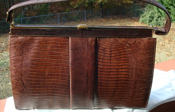 Vassar Brown Genuine Lizard Handbag Purse Kelly Ha