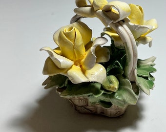 Vintage Capodimonte Basket Of Yellow Flowers With Ribbon Porcelain Figurine