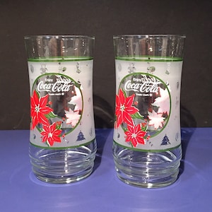 Vintage Set Of 2 Coca-Cola Christmas Poinsettia Frosted Drinking Glass Tumblers