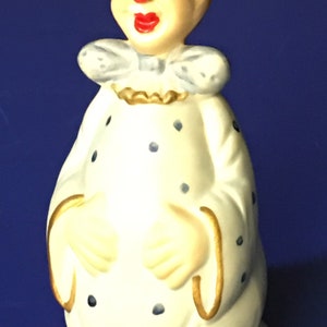 Vintage Adorable Goofy Fat Warm Smiling Clown In Blue Polkadots With Gold Rims Porcelain Figurine Hand Bell