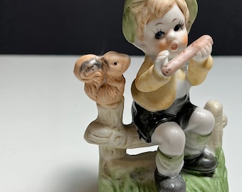 Vintage 1960’s Boy Playing Flute On Fence With Squirrel Porcelain Figurine