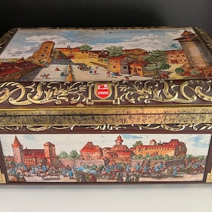 Vintage 1991 Otto Smidt West Germany Hinged Metal Cookie Box/Container And 18 Century Scenery
