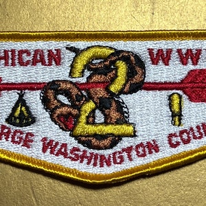 Puede incluir: Un parche blanco bordado con una flecha roja, una serpiente y el texto "SANHICAN WWW GEORGE WASHINGTON COUNCIL".