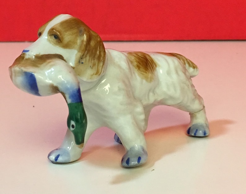 Vintage Cocker Spaniel Dog Grabbing Duck In Mouth Porcelain Figurine Japan