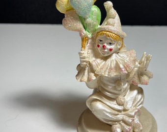 Vintage 1980’s Glittered Sitting Clown Boy White Balloons Cast Resin Figurine