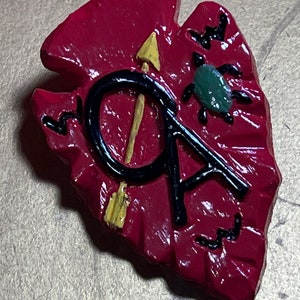 Puede incluir: Un pin rojo en forma de hoja con una flecha negra y amarilla, un círculo negro con una letra "A" en su interior y una araña verde con patas negras.