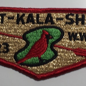 Puede incluir: Un parche bordado en oro y rojo con el texto "ZIT-KALA-SHA WEWW", un pájaro cardenal rojo sobre un fondo verde y el número "123" en negro.