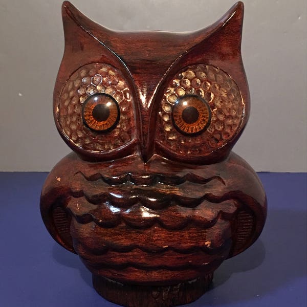 Vintage Ceramic Orange Brown Glaze Pottery Owl Bank