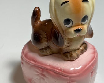 Vintage Adorable Dog On Pink Bed Salt And Pepper Shakers Ceramic Figurine