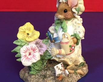 Vintage Female Mouse Watering Her Garden with butterfly “Mary, Mary, Quite Contrary” Cast Resin Figurine