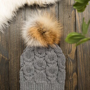 Casquette,Chapeau d'hiver pour femmes,couleur de Ski,grande  fourrure,pompons,boule tricotée,ensemble écharpe,bonnet - Type Gray