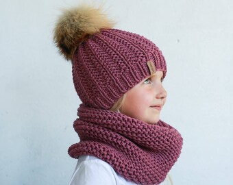 SALE! Hat and scarf set, Toddler pom pom hat and cowl, cable knit baby toddler merino kids knit hat and bubble cowl, kids fur pom pom hat