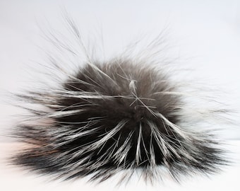 GROSSER PELZPOMPOM! Echter Silberfuchs Fellbommel, Echtpelzpompom, leicht anzubringen und abzunehmen, ein einzigartiges Accessoire, Ideal für gestrickte Mützen