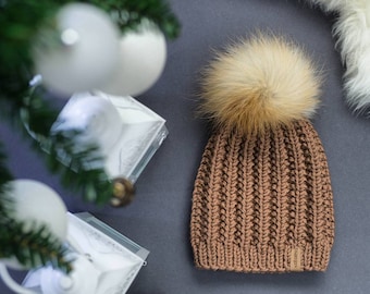 Real fur pompom hat, knit winter hat, large fox fur pompom, genuine fur knit hat, kids knit wool hat, merino knit kids hat