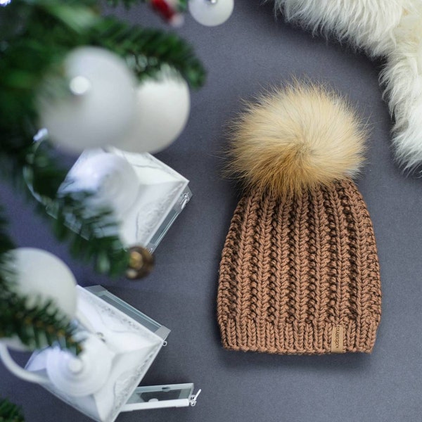 Chapeau à pompon en vraie fourrure, chapeau d’hiver tricoté, grand pompon en fourrure de renard, chapeau en laine mérinos épais, chapeau en tricot épais, chapeau mérinos pour adultes