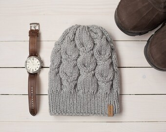 Chunky cabled merino hat, knit mens hat, merino wool winter hats, cabled thick extra warm merino wool hat, merino wool toque beanie