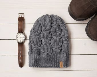 Chunky cabled merino hat, knit mens chunky cabled hat, merino wool winter hat cabled thick extra warm merino wool hat,  wool toque beanie