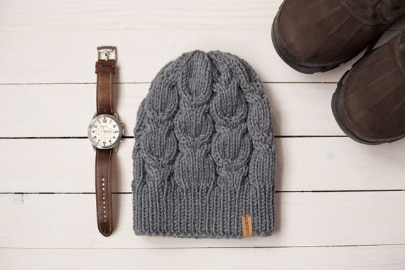 Chunky Cabled Merino Hat, Knit Mens Chunky Cabled Hat, Merino Wool