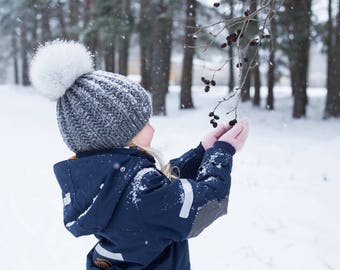 Real fur pompom hat, merino wool knit chunky winter hat, large fox fur pompom genuine fur knit hat, kids knit wool hat, merino knit kids hat