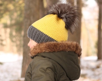 Fur pom-pom kids wool hat, chunky toddler pom-pom hat, fur baby hat,  merino wool knit baby hat, toddler helmet hat, many sizes available