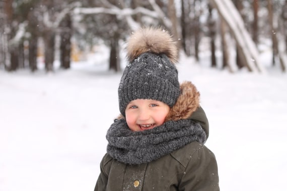 Toddler Fur Pom Pom Hat Kids Knit Hats Cable Knit Baby Toddler