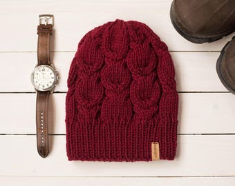 Chunky cabled merino hat, knit mens hat, merino wool winter hats, cabled thick extra warm merino wool hat, merino wool toque beanie