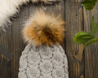Real fur pompom kids hat, knit winter hat, large fox fur pompom, genuine fur merino hat, merino fur pom wool hat, merino knit kids hat
