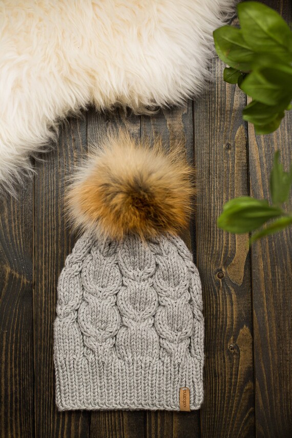 Real fur pompom hat, knit winter hat, Merino wool Real Fur Pompom Hat, Knit Winter Hat, Large Fox Fur Pompom  main image 2