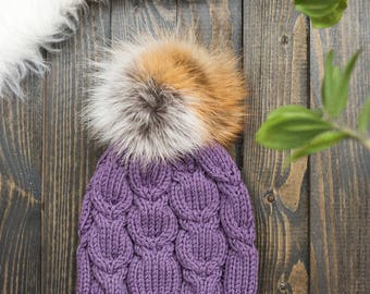 Real fur pompom hat, knit winter hat, large fox fur pompom, genuine fur knit hat, kids knit wool hat, merino knit kids hat