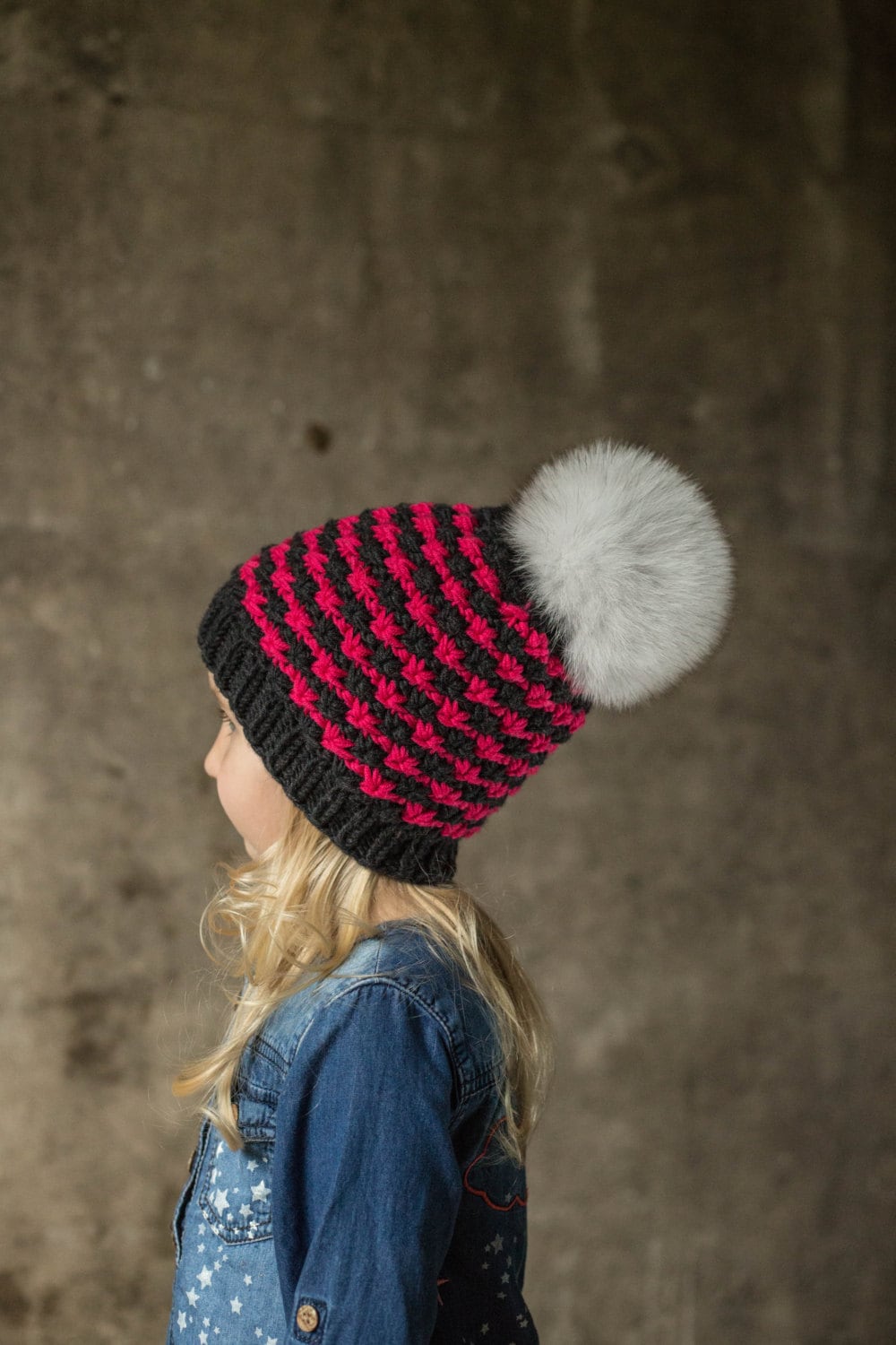 Real Fur Pompom Hat, Knit Winter Hat, Large Fox Fur Pompom, Genuine Fur Knit Hat, Kids Knit Wool