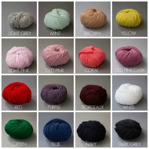 May include: A collection of yarn balls in various colors, including light grey, mint, brown, yellow, light pink, old pink, coral, old pink/dark, red, purple, bordeaux, white, green, blue, navy, and dark grey.