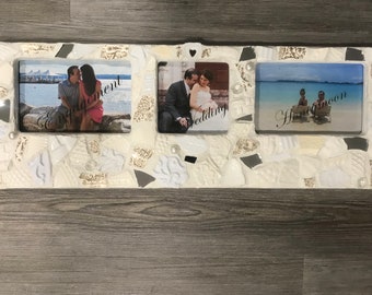 Unique Picture Frame - Landscape - 3 Openings - Wedding Gift- White & Ivory - Wall Frame - hand crafted