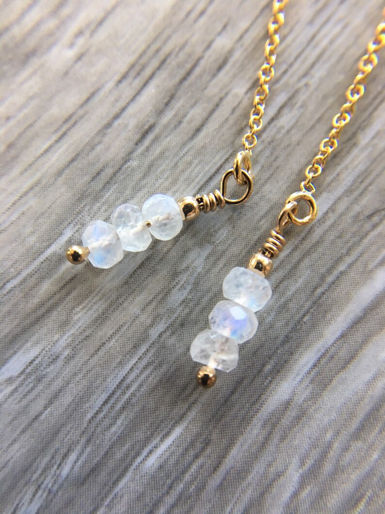 Gemstone earrings Chain earring, pull through chain Rainbow Moonstone gold filled threader earrings