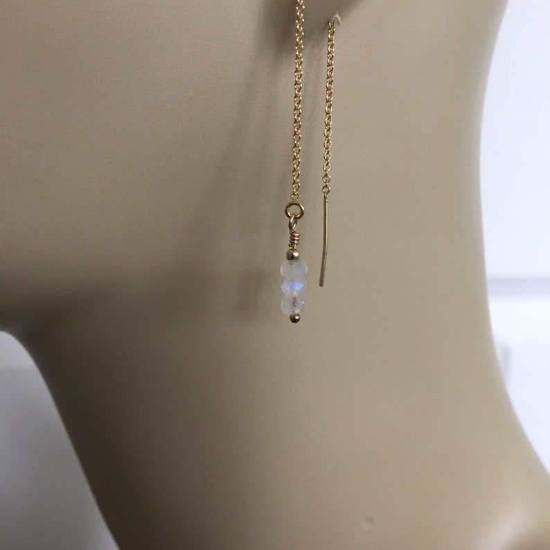 Gemstone earrings Chain earring, pull through chain Rainbow Moonstone gold filled threader earrings