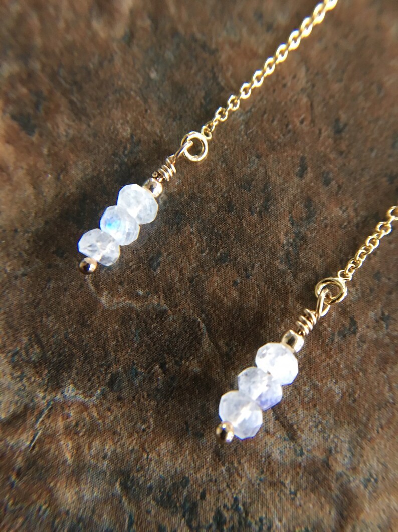 Gemstone earrings Chain earring, pull through chain Rainbow Moonstone gold filled threader earrings