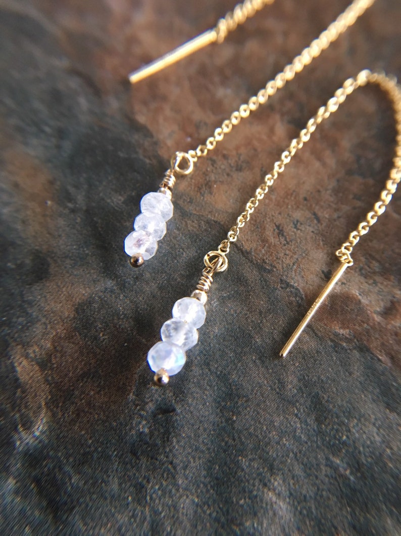 Gemstone earrings Chain earring, pull through chain Rainbow Moonstone gold filled threader earrings