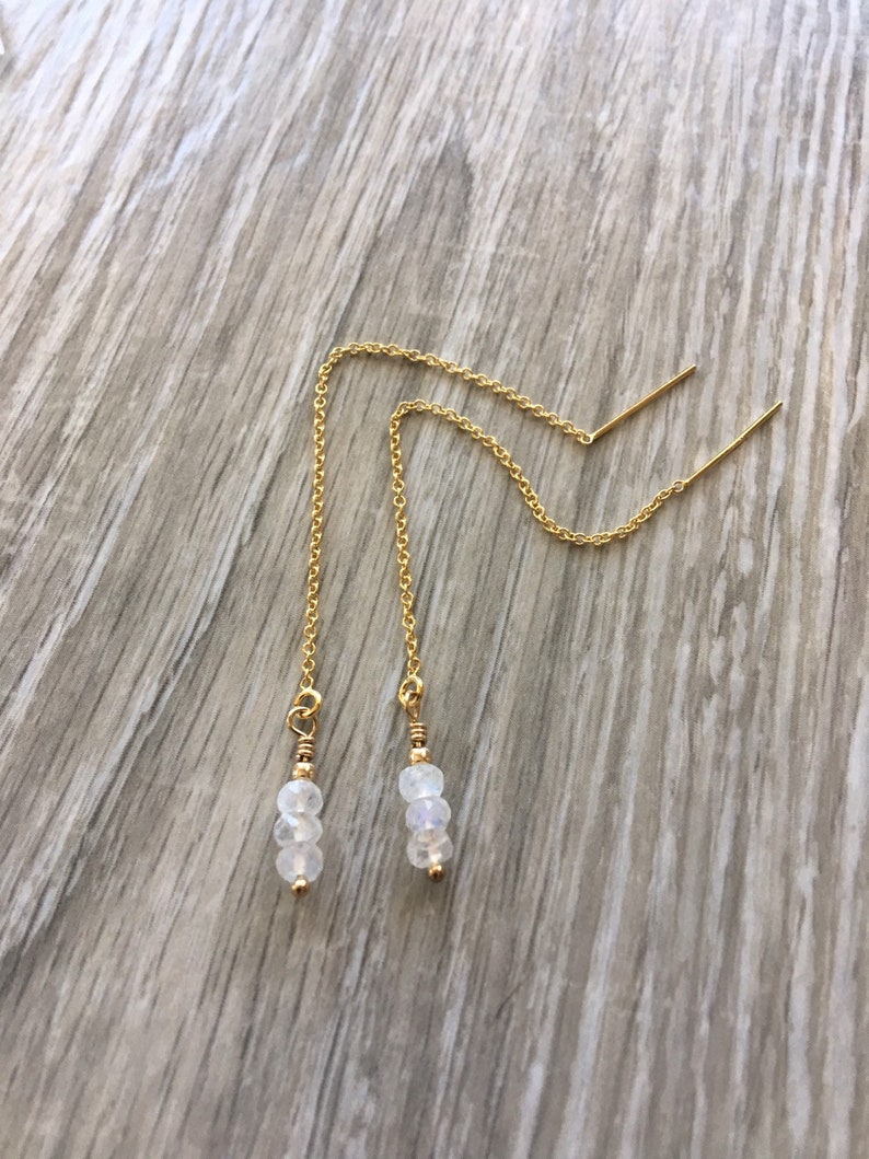Gemstone earrings Chain earring, pull through chain Rainbow Moonstone gold filled threader earrings