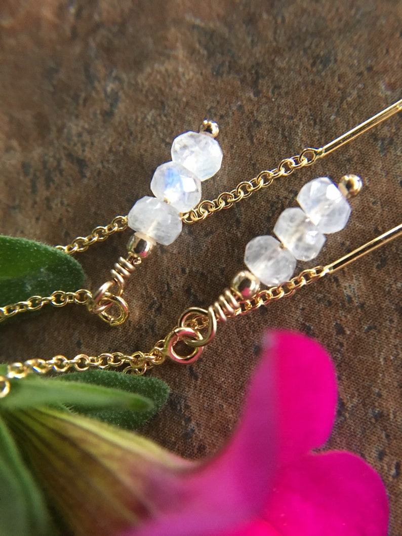 Gemstone earrings Chain earring, pull through chain Rainbow Moonstone gold filled threader earrings