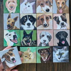 Retratos de mascotas, pinturas personalizadas de mascotas en miniatura, pinturas de mascotas en miniatura sobre lienzo, 5 x 5 cm, más un pequeño caballete de madera incluido.